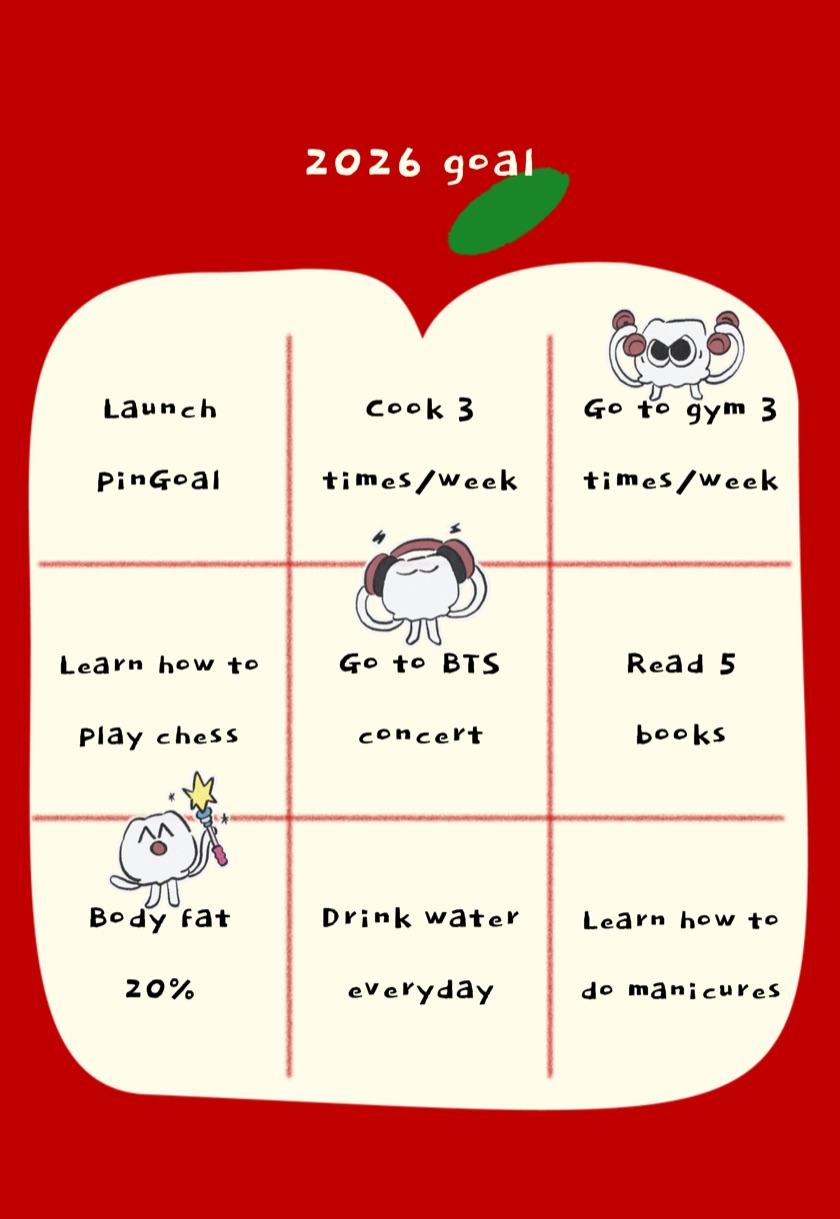 A pinGoal bingo card of goals for the year